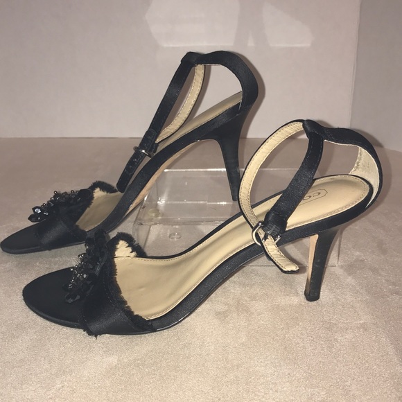 Coach Shoes 8.5 Black Satin Open Toe 3” High Heels Formal Semi Dressy Beaded - Picture 4 of 8